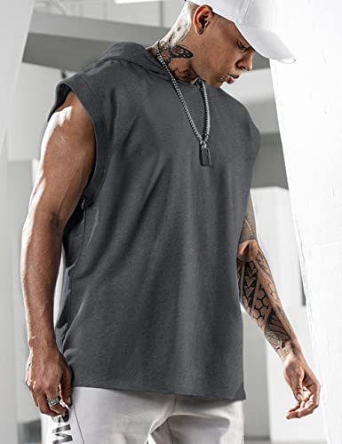 Lomon Camiseta sin mangas para hombre, sin mangas, para entrenamiento, deporte, fitness, camiseta interior con capucha, Color gris oscuro., M