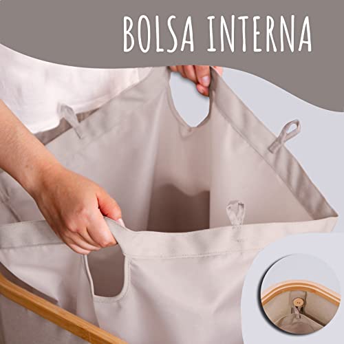 Lonbet Cestos de lavandería con bolsas y tapa hechos de bambú. Cesto para la ropa sucia para dormitorios, tamaño XL, 100 L, beis