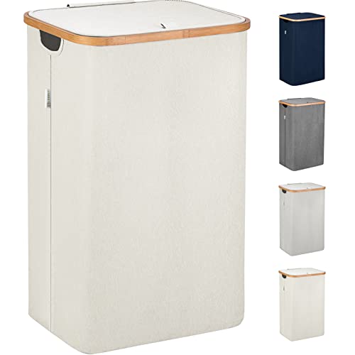 Lonbet Cestos de lavandería con bolsas y tapa hechos de bambú. Cesto para la ropa sucia para dormitorios, tamaño XL, 100 L, beis