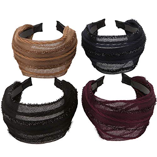 LONEEDY Paquete de 4 diademas anchas y duras con dientes para mujeres, bandas de pelo plisadas de tela para el cabello (colores mezclados C)