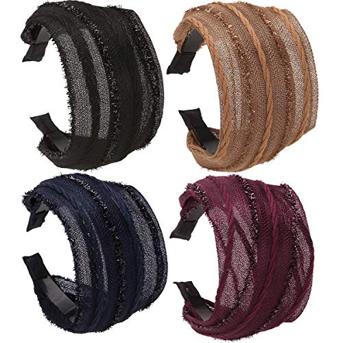 LONEEDY Paquete de 4 diademas anchas y duras con dientes para mujeres, bandas de pelo plisadas de tela para el cabello (colores mezclados C)