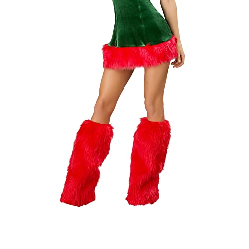 LSFYSZD Calentadores de piernas de piel sintética para mujer, cálidos, peludos, arcoíris, mangas para botas de Navidad, puños esponjosos, música rave, B Rojo, talla única