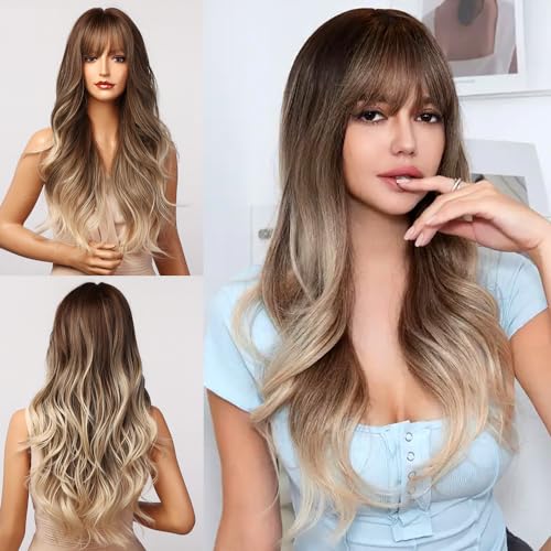 LYPPUL Peluca marrón degradado pelucas con flequillo, pelucas de color marrón claro, pelucas de pelo largo y rizado, rubio degradado largo, pelo sintético natural para mujer, uso diario adecuado