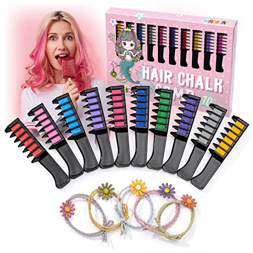 Magicat 10 peines con tizas para el pelo Premium I 10 colores diferentes y 5 coleteros I regalos de cumpleaños niñas, colegio, comuniones I tiza temporal lavable I no tóxico