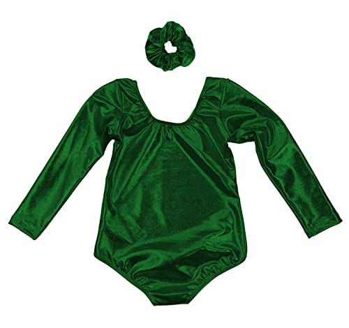 Maillot Ballet Niña de Manga Larga y Cuello Redondo, Maillot Brillante Danza Niña para Bailarina Gimnasia, 2PCS (12 años, Verde)