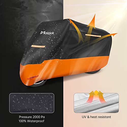Maizjok Funda Moto Impermeable, Protector Cubierta Moto Exterior, 210D Poliéster Funda Cubre Moto con Tiras Reflectantes, Universal para Scooter Vespa Motocicleta Grande Motocross XXL (275x105x125 cm)