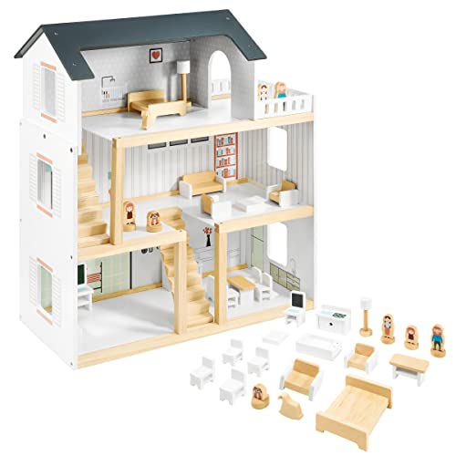 Mamabrum Casa de Muñecas de Madera 70x30x60cm para Niños con Terraza Grande 4 Figuras, 3 Pisos, 2 Dormitorios, Cocina, Sala de Estar y 18 Habitaciones Móviles, Juguete para Niños de 3 Años