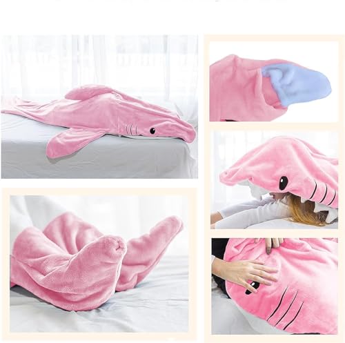 Manta de tiburón 2024, manta de franela supersuave con mangas para adultos, saco de dormir portátil, con capucha, manta de tiburón, disfraz de tiburón, regalos, pijama de una pieza (grande, rosa)