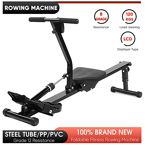 Máquina de Remo hidráulica, con LCD Monitor Digital, Carga 120kg, Remo de Interior de Fitness 130 x 21 x 65cm