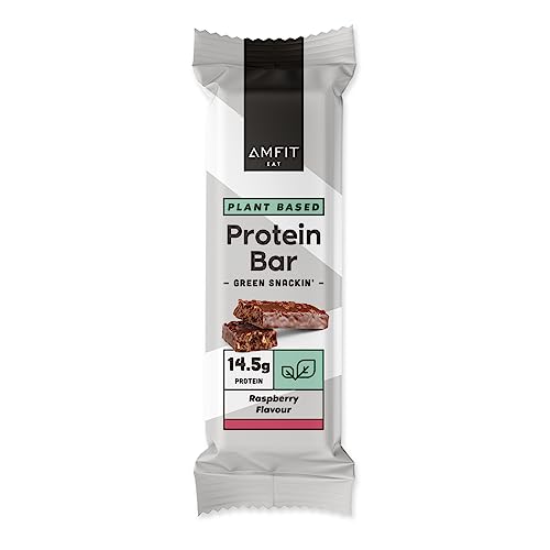 Marca Amazon - Amfit Nutrition Barra de Proteínas vegetal Bajo Contenido De Azúcar, Frambuesa, 55g, paquete de 12