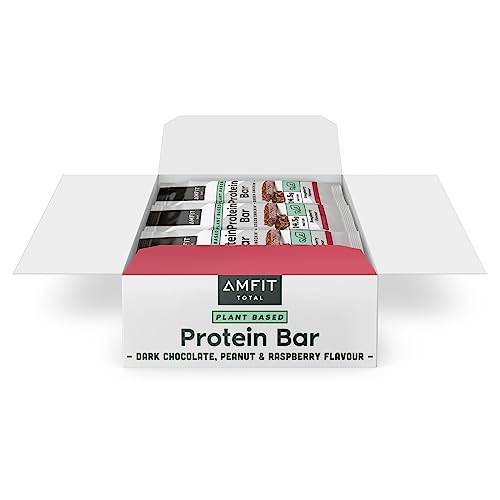 Marca Amazon - Amfit Nutrition Barra de Proteínas vegetal Bajo Contenido De Azúcar, Frambuesa, 55g, paquete de 12