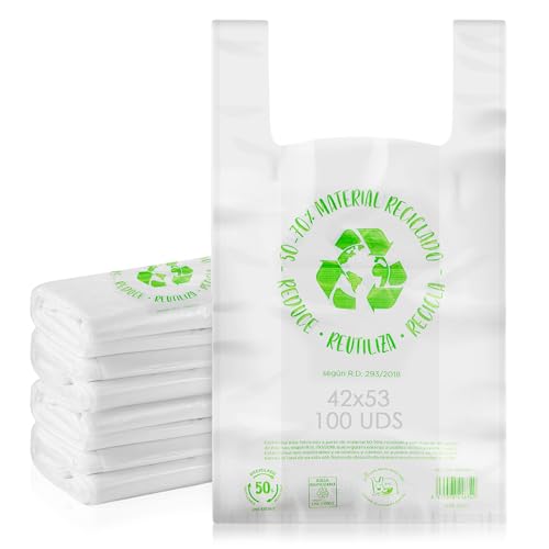 MARCPRINT 50 Bolsas Plastico - Bolsas de Plastico (42x53) Galga 200 - Bolsas de Plastico con Asas 70% Recicladas - Bolsas Plastico Aptas Uso Alimentario - Bolsas Plastico Asas de Polietileno
