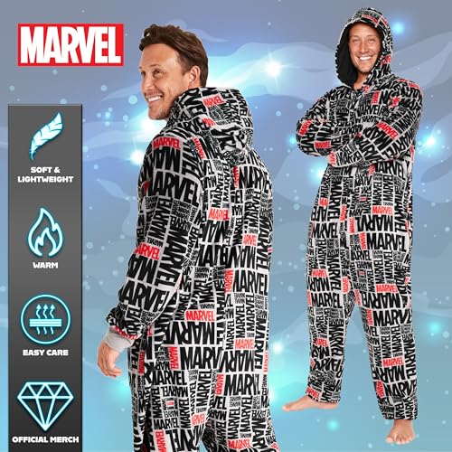 Marvel Pijama Polar para Hombre - Mono Pijama con Capucha Entero Invierno Talla Grande, Regalo Hombres, Chicos, Navidad (Gris/Negro,XL)