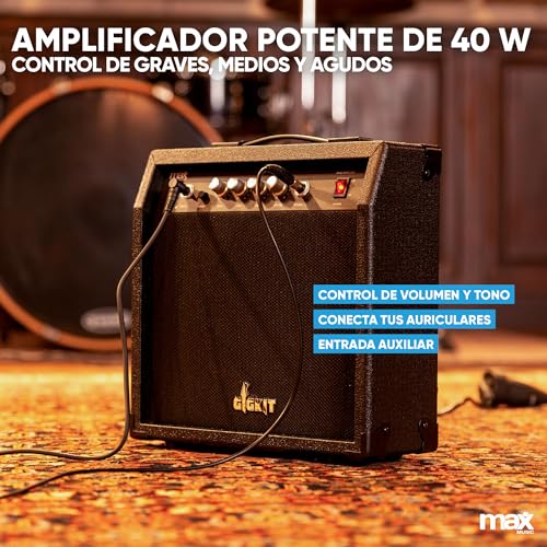 Max GigKit Pack completo de bajo electrico con amplificador bajo eléctrico de 40W, soporte bajo electrico de suelo, funda bajo electrico, afinador, cable de 3 metros, cuerdas bajo - Color Sunburst