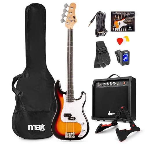 Max GigKit Pack completo de bajo electrico con amplificador bajo eléctrico de 40W, soporte bajo electrico de suelo, funda bajo electrico, afinador, cable de 3 metros, cuerdas bajo - Color Sunburst