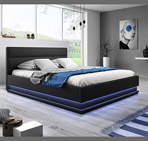 MB Muebles Bonitos Cama canapé abatible de Matrimonio Moderna Nitas con somier de láminas para colchón de 150x190cm Negro diseño Italiano con LED Blanco Azulado