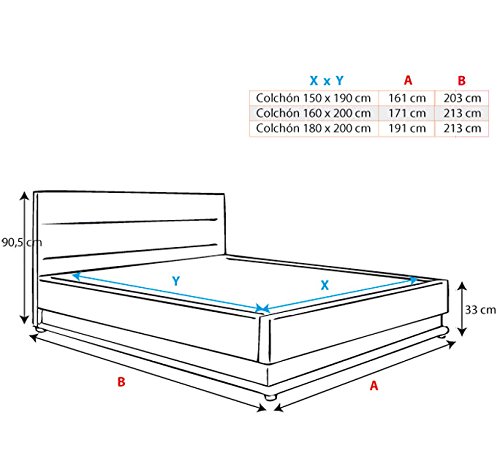MB Muebles Bonitos Cama canapé abatible de Matrimonio Moderna Nitas con somier de láminas para colchón de 150x190cm Negro diseño Italiano con LED Blanco Azulado
