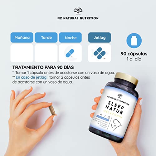 Melatonina Pura Complex con Valeriana, Pasiflora, Melisa, Amapola, Magnesio, Selenio y 10 Vitaminas. Induce y Prolonga el Sueño Reparador. 90 Cápsulas. CE. N2 Natural Nutrition