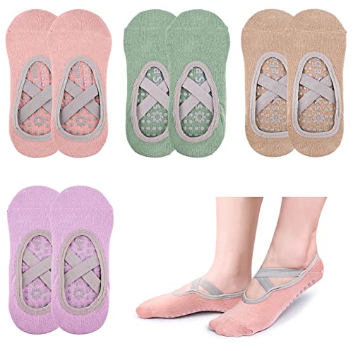 MengQiLe 4 Pares Calcetines de Pilates Yoga Antideslizantes para Mujer, Yoga, Pilates, Barras, Baile, Fitness, Calcetines Pilates Mujer Antideslizantes EU 35-40, 4 Colores, Multicolor