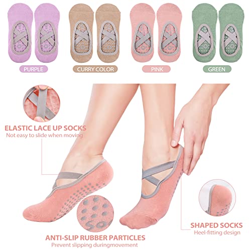 MengQiLe 4 Pares Calcetines de Pilates Yoga Antideslizantes para Mujer, Yoga, Pilates, Barras, Baile, Fitness, Calcetines Pilates Mujer Antideslizantes EU 35-40, 4 Colores, Multicolor