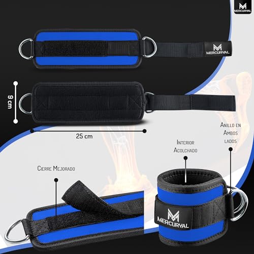 MERCURYAL Pack 2 Tobilleras Poleas Gym - Tobillera para Polea Acolchada de Velcro para Mujeres y Hombres - Correa Tobillos Gym para Máquina de Cable Fitness y Gimnasio (Azul)