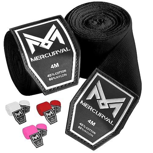 MERCURYAL Vendas Boxeo 4m para Proteger la Mano - Vendas Boxeo Guantes Interiores - Cinta Boxeo - Hand Wraps Muay Thai MMA Kick Boxing Artes Marciales - Vendas para Mujeres y Hombres (4 M, Negro)