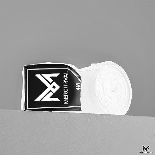 MERCURYAL Vendas Boxeo 4m para Proteger la Mano - Vendas Boxeo Guantes Interiores - Cinta Boxeo - Hand Wraps Muay Thai MMA Kick Boxing Artes Marciales - Vendas para Mujeres y Hombres (4 M, Blanco)