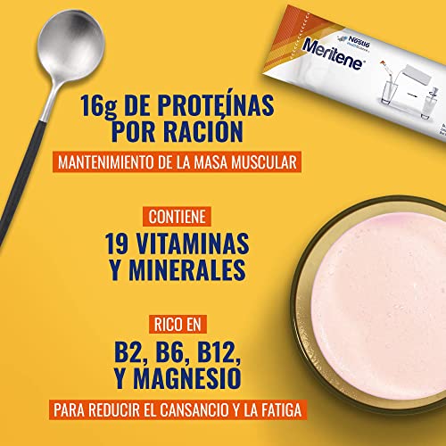Meritene Fuerza y Vitalidad - Alimento Formato Polvo – Batido de Proteínas Vitaminas y Minerales –Fresa - Nutricional y Refuerzo del Sistema Inmunitario