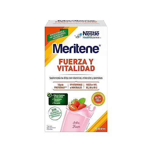 Meritene Fuerza y Vitalidad - Alimento Formato Polvo – Batido de Proteínas Vitaminas y Minerales –Fresa - Nutricional y Refuerzo del Sistema Inmunitario