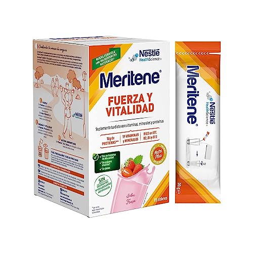 Meritene Fuerza y Vitalidad - Alimento Formato Polvo – Batido de Proteínas Vitaminas y Minerales –Fresa - Nutricional y Refuerzo del Sistema Inmunitario