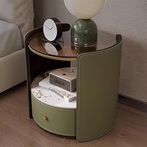 Mesita de Noche Mesita de noche cilíndrica, mesita de noche de madera for el hogar, mesita de noche de cuero de un solo cajón, muebles de noche de almacenamiento de tirador de Metal, verde oscuro Mesi