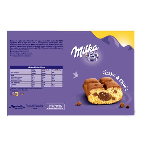 Milka Cake & Choc Bizcocho con Pepitas de Chocolate con Leche de los Alpes y Relleno de Chocolate Formato Familiar 350g