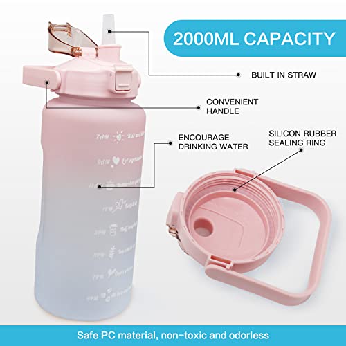 minghaoyuan Botella de agua deportiva de 2 litros con marcador de tiempo y popote, sin BPA, botella carbonatada para fitness, gimnasio, hogar, oficina, pesca, al aire libre (rosa)