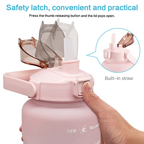 minghaoyuan Botella de agua deportiva de 2 litros con marcador de tiempo y popote, sin BPA, botella carbonatada para fitness, gimnasio, hogar, oficina, pesca, al aire libre (rosa)