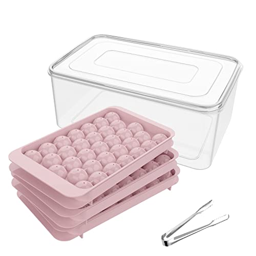 Mini bandeja de cubitos de hielo, molde redondo para hacer bolas de hielo para congelador, té café (paquete de 3 cubo de hielo rosa y pinza )
