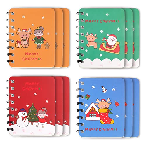 Mini Cuaderno de Navidad, 12 Piezas Mini Diario Bloc de Notas, Portátil Pequeño Bloc de Notas en Espiral, Cuaderno de Bolsillo, Mini Cuaderno de Papá Noel de Muñeco de Nieve para Niños