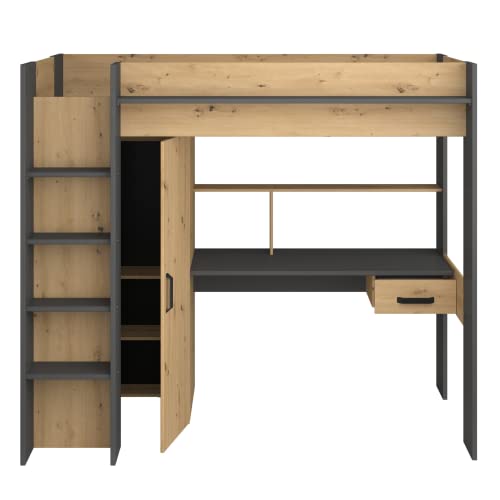 Miroytengo Cama Alta High con Armario y Escritorio en Color Roble Artisan y Gris Oscuro 90x200 cm
