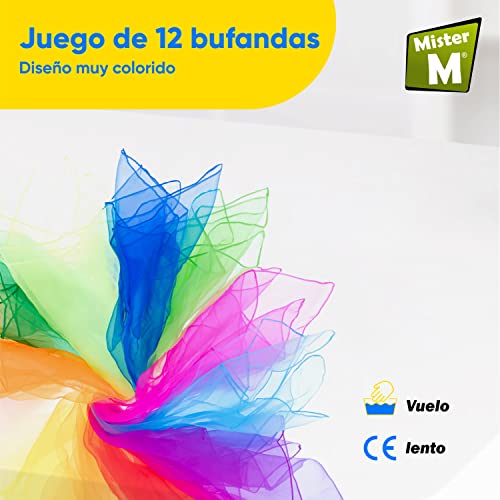 Mister M | Set de pañuelos para Malabares | 12 Telas 60x60cm | Pañuelos de Gasa para Danza, Magia, Actividades sensoriales y Malabares en Cascada | 12 Colores Diferentes | con Video Tutorial Online