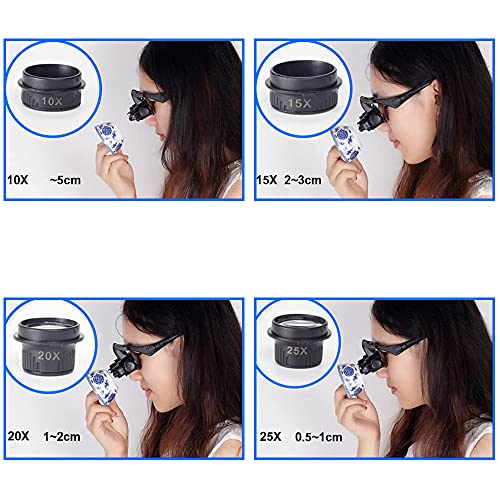 MMOBIEL Gafas con Lupa de Aumento para reparación de Relojes y para joyeros con 4 Lentes, luz LED para reparación de Relojes, joyería, teléfono Inteligente 10/15/20/25X Zoom Incl. Manual y Correa