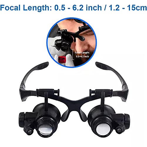 MMOBIEL Gafas con Lupa de Aumento para reparación de Relojes y para joyeros con 4 Lentes, luz LED para reparación de Relojes, joyería, teléfono Inteligente 10/15/20/25X Zoom Incl. Manual y Correa