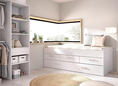 Mobelcenter, Cama Nido con Cajones Blanca, Cama Nido Juvenil, Cama Compacta con Cajones y Cama Nido, Cama Infantil. Medidas: Ancho: 194,5 cm. x Alto: 67,5 cm. x Fondo: 95 cm (1421)