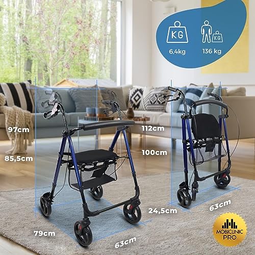 Mobiclinic®, Andador para adultos, Plegable, Ligero, De aluminio, Ligero, Regulable patas y asiento, Con asiento y 4 ruedas, Marca Española, Con sujeta bastones, Con cesta, Regulable, Augusto, Azul