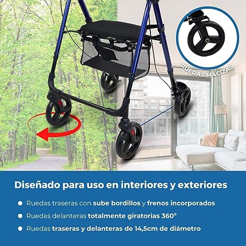Mobiclinic®, Andador para adultos, Plegable, Ligero, De aluminio, Ligero, Regulable patas y asiento, Con asiento y 4 ruedas, Marca Española, Con sujeta bastones, Con cesta, Regulable, Augusto, Azul