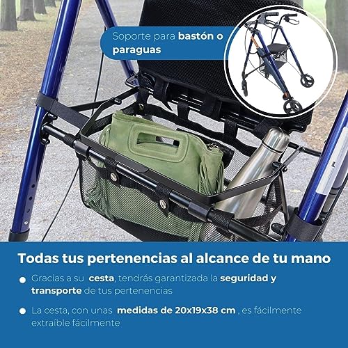 Mobiclinic®, Andador para adultos, Plegable, Ligero, De aluminio, Ligero, Regulable patas y asiento, Con asiento y 4 ruedas, Marca Española, Con sujeta bastones, Con cesta, Regulable, Augusto, Azul