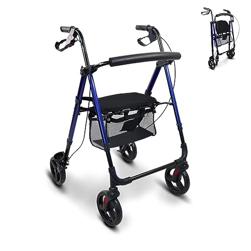 Mobiclinic®, Andador para adultos, Plegable, Ligero, De aluminio, Ligero, Regulable patas y asiento, Con asiento y 4 ruedas, Marca Española, Con sujeta bastones, Con cesta, Regulable, Augusto, Azul