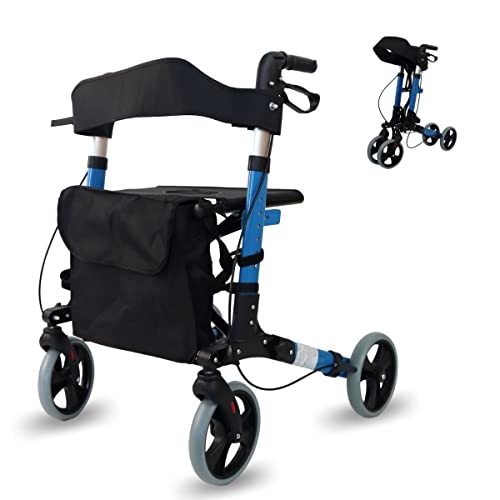 Mobiclinic®, Andador Rollator de 4 ruedas, Plegable, Ligero, con Asiento y Bolsa, Andador Caminador, Andador para adultos, minusválidos, de Aluminio, Marca Española, Modelo Trajano, Color Celeste