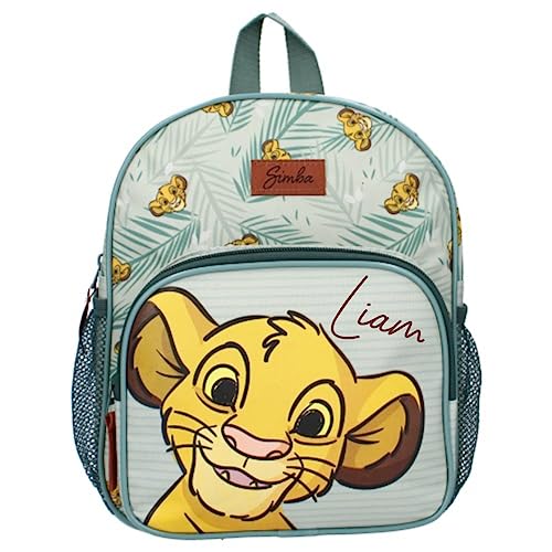 Mochila de guardería personalizada con el nombre Disney Rey León Simba | Mochila pequeña para niños y niñas | Mochila de ocio con bolsillos laterales de malla, verde