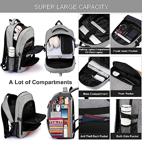 Mochila Ordenador Portatil 17.3 Pulgadas, Grande Mochila Escolares, Impermeable Mochila Portatil con Puerto USB Antirrobo Bolsa para Negocio Diario Trabajo Viaje Hombre Mujer, Gris Marrón