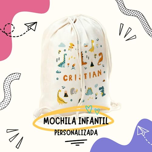 Mochila saco niño personalizada diseño dinosaurios. Mochila de cuerdas infantil para la Vuelta al cole o guardería.