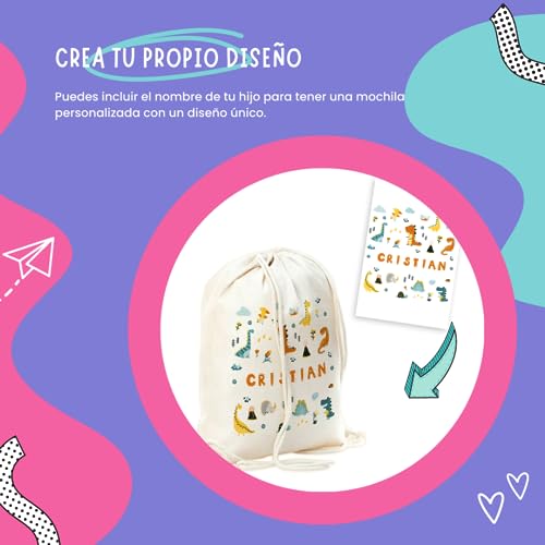 Mochila saco niño personalizada diseño dinosaurios. Mochila de cuerdas infantil para la Vuelta al cole o guardería.